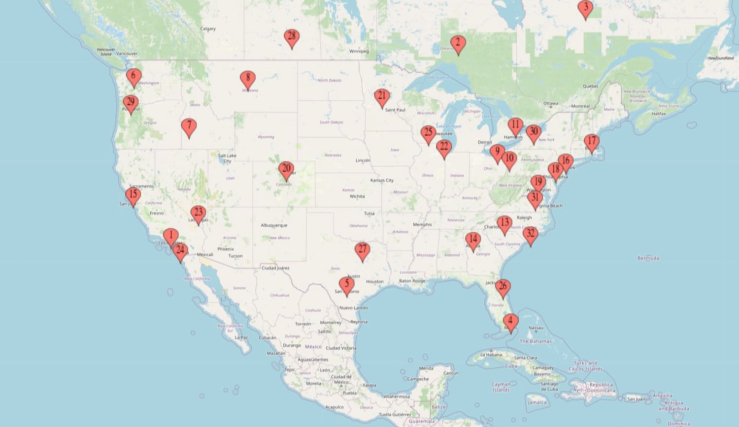 Map of RePelvix patient locations across the United States